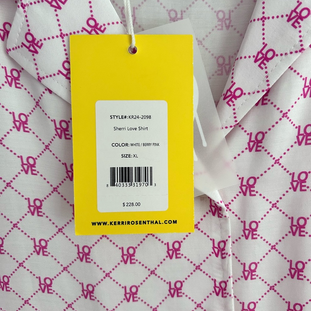 Kerri Rosenthal White and Pink Graphic Love Blouse.  NWT XL